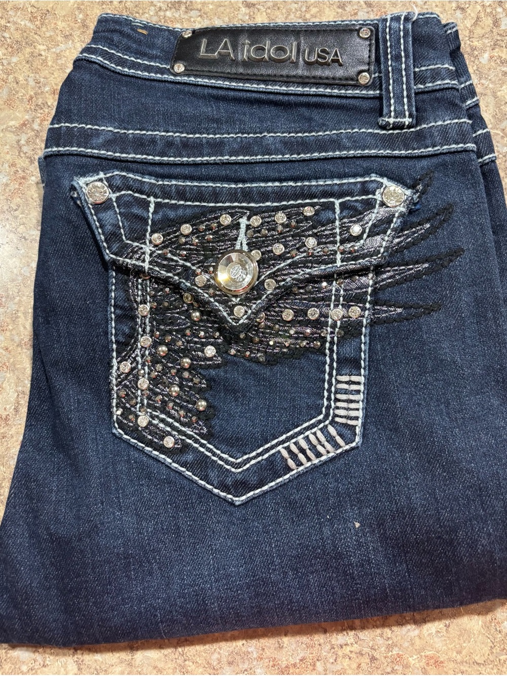 L.A. idol Dark Blue Boot Cut Jeans with Rhinestone Wing Pocket